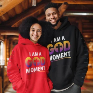 Happy Couple Wearing Matching Hoodies in a Wooden Cabin