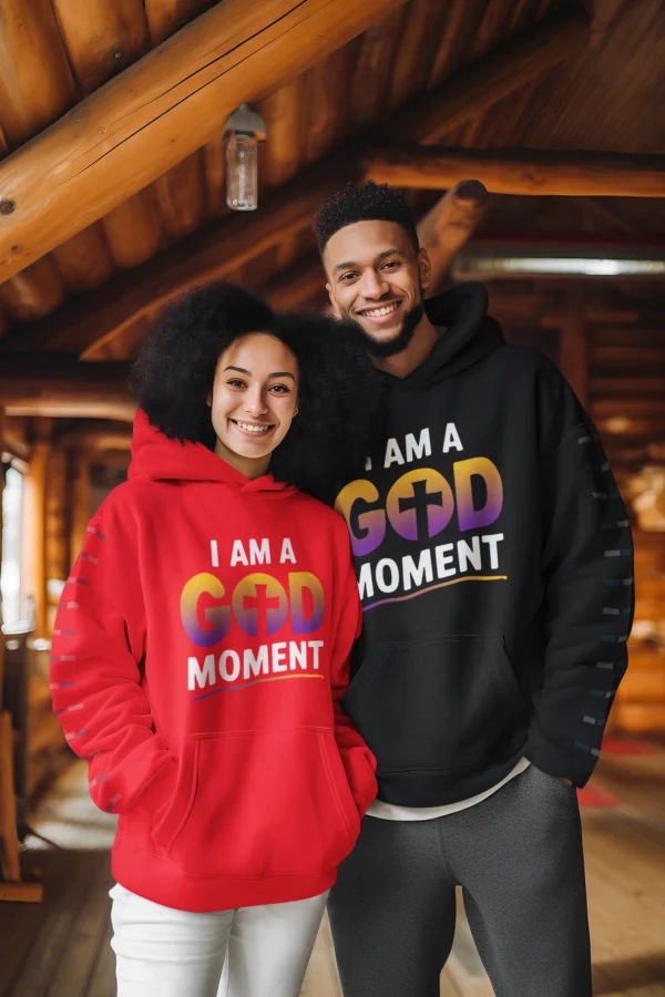 Happy Couple Wearing Matching Hoodies in a Wooden Cabin