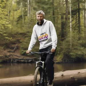 Pullover Hoodie Mockup of An Ai Created Senior Man Riding A Bicycle